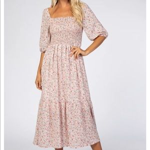 Pink Blush Smocked Floral Light Pink Maternity Midi Dress NWT Flowy Boho 💕